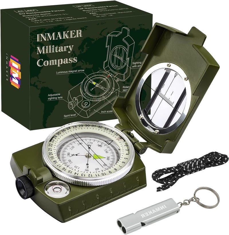 INMAKER Compass, Compass Hiking with Survival Whistle, Luminous Compass Gift for Kids, Apply to Outdoor Survival, Camping and Navigation - Image 1